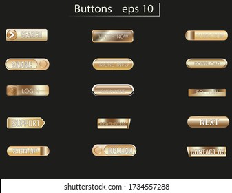 Set of glass gold buttons and sliders, web icons of different forms. Gradient mesh. Button set color gold glossy.