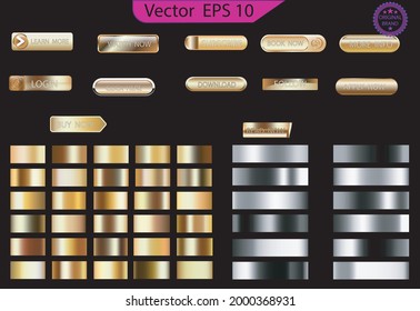 Set of glass gold buttons and sliders, web icons of different forms. Gradient mesh. Button set color gold glossy. EPS 10. Set of Gold gradients, gold glossy squares and circles. Gradient mesh