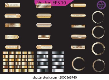 Set of glass gold buttons and sliders, web icons of different forms. Gradient mesh. Button set color gold glossy. EPS 10. Set of Gold gradients, gold glossy squares and circles. Gradient mesh