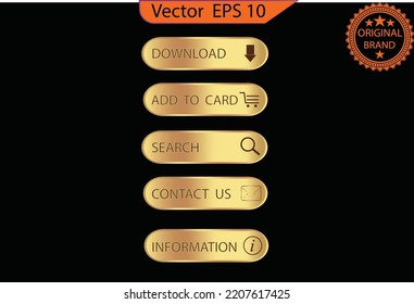 Set of glass gold buttons and sliders with icons, web icons and game icon set. Gradient mesh. Button set color gold glossy.