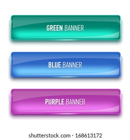 Set of glass green, blue and purple banners for your design. Vector illustration.