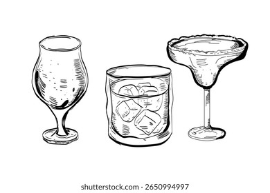 set Glass hand drawn set of cocktails and alcohol drinks. Sketch.