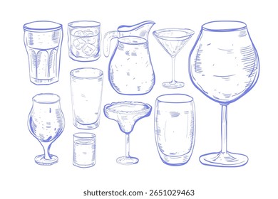 set Glass hand drawn set of cocktails and alcohol drinks. Sketch. vintage, line style