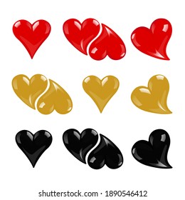 Set of glass hearts red, black and gold. Volumetric and shiny heart in several options for your design. Vector graphics. EPS10.