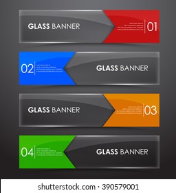 Set glass horizontal web banners with colored arrows on a black background. Vector illustration