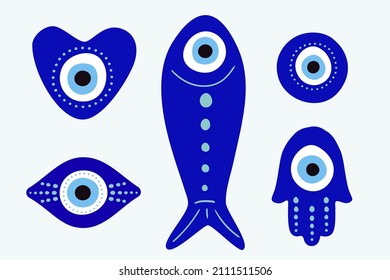 Set of glass islamic, arabian or turkish, greek amulets as fish, heart, hand and circle shape. Hamsa or Khamsa, Hamza hand. Blue Turkish amulet. Fatima eye. Glass nazar. Vector illustration