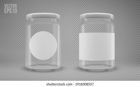 Un conjunto de frascos de vidrio con tapas. Un frasco transparente con tapa blanca y etiquetas. Ilustración 3D realista. Vector