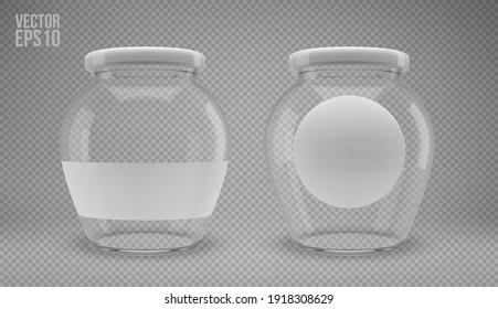 Eine Reihe von Glas-Konfitüren mit Deckel. Transparentes Glas mit weißem Deckel und Etiketten. Realistische 3D-Illustration. Vektorgrafik