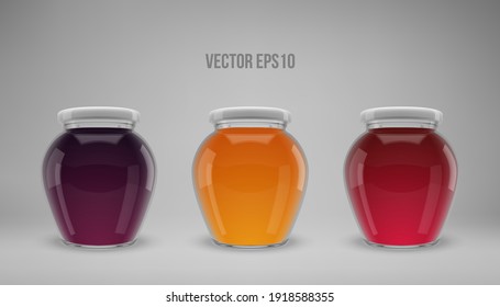 A set of glass jam jars with lids. Realistic 3D illustration. Vector