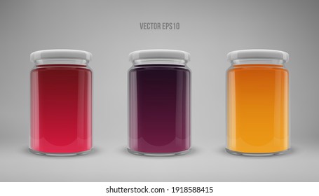 A set of glass jam jars with lids. Realistic 3D illustration. Vector