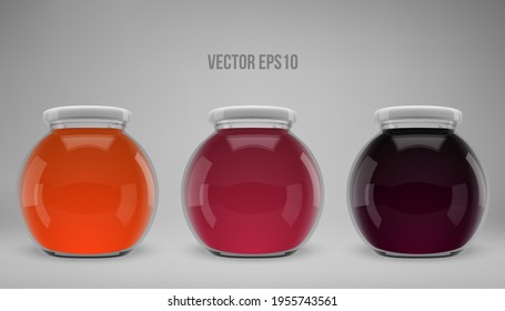 Eine Reihe von Glas-Konfitüren mit Deckel. Realistische 3D-Illustration. Vektorgrafik