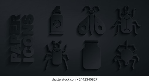 Set Tarro de vidrio, escarabajo, araña, mariposa y spray contra el icono de insectos. Vector