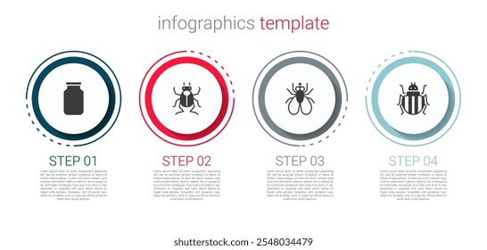 Set Tarro de cristal, insecto escarabajo, mosca de insecto y escarabajo de Colorado. Plantilla de infografía de negocios. Vector