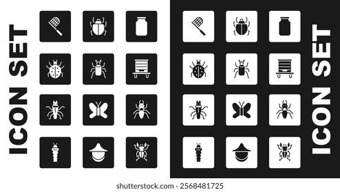 Set Glass jar, Beetle bug, Mite, Butterfly net, Hive for bees, Ant and Termite icon. Vector