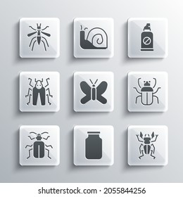 Set Glass jar, Beetle deer, Stink bug, Butterfly, Chafer beetle, Mosquito and Spray against insects icon. Vector