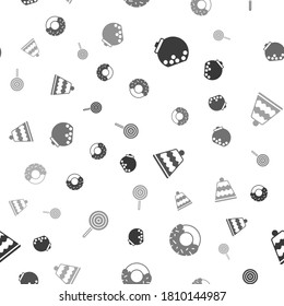 Set Glass jar with candies inside, Donut, Cake and Lollipop on seamless pattern. Vector