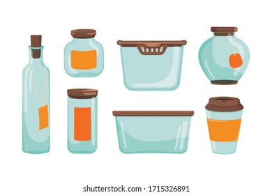 Set of glass jar and container and bottle. Empty kitchen glassware collection. Isolated vector illustration