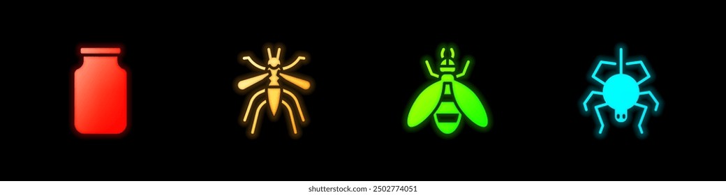 Set Glass jar, Mosquito, Bee and Spider icon. Vector