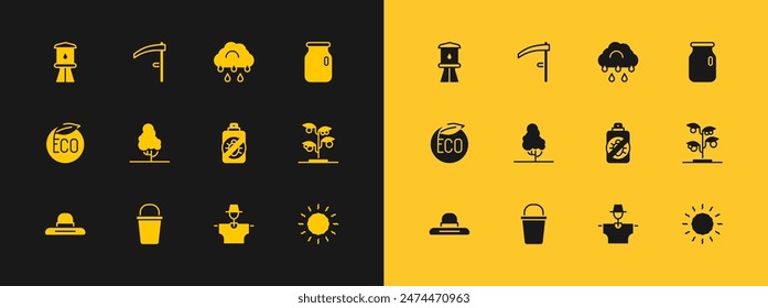 Set Glass jar with screw-cap, Bucket, Spray against insects, Scarecrow, Fruit tree, Cloud rain, Water tower and Scythe icon. Vector