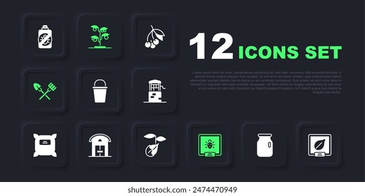 Set Glass jar with screw-cap, Seeds of specific plant, Bucket, Colorado beetle, Shovel and rake, Farm house, Sprout and  icon. Vector