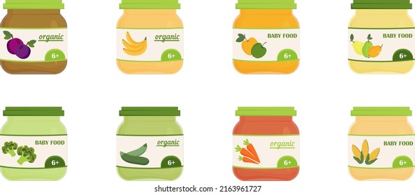 Set of glass jars with baby food. Fruit and vegetable puree for kids feeding. Baby food jars. Kids feeding products. Apple, pear, bannana, corn, carrot puree.Vector ilustration in flat style. 