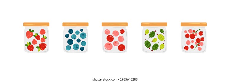 A set of glass jars with berry jam - strawberries, cherries, blueberries, gooseberries, red currants. Drawn in cute cartoon style vector food illustration. Storage concept for ripe garden fruits