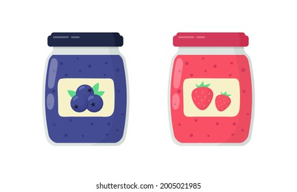 Set of glass jars of blueberry jam and strawberry jam isolated on white background. Vector illustration