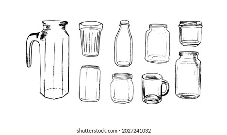 set of glass jars, bottles and glasses, vector sketches