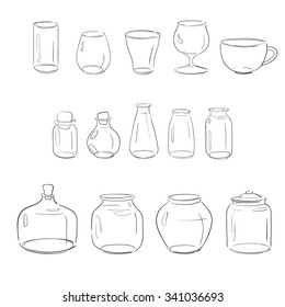 set of glass jars, bottles and glasses, vector sketches