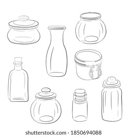 set of glass jars and bottles. Outline, sketch, isolated