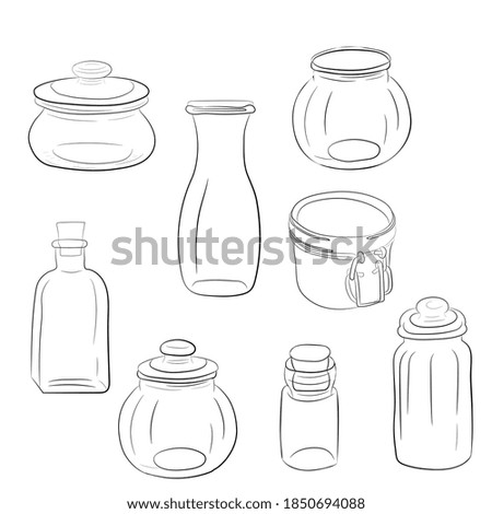 set of glass jars and bottles. Outline, sketch, isolated