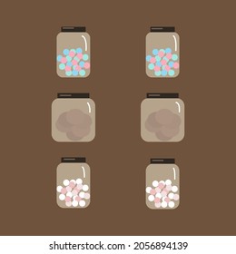 Set of glass jars with candies and cookies. Vector objects in flat style.
