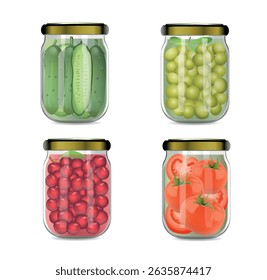 Set of glass jars with canned vegetables and fruits on a white background. Vector realistic illustration