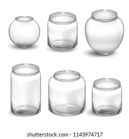 	
Set of Glass Jars. Jars for canning and preserving. Vector Illustration isolated. Empty transparent glass jar. Round Shape Glass Canister. Eps 10