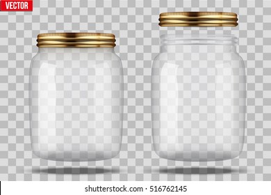 Empty open glass jar isolated on white background. Stock Vector