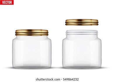 Set of Glass Jars for canning and preserving. Square shape with right angles. With closed and open cover. Vector Illustration isolated on transparent background.