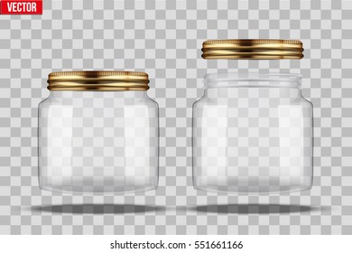 Set of Glass Jars for canning and preserving. Square shape with right angles. With closed and open cover. Vector Illustration isolated on transparent background.