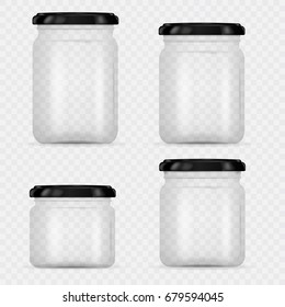 Set of Glass Jars for canning and preserving. Vector Illustration isolated on transparent background.Empty transparent glass jar with screw cap. Round Shape Glass Canister. Eps 10.