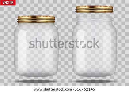Set of Glass Jars for canning and preserving. With closed and open cover. Vector Illustration isolated on transparent background.
