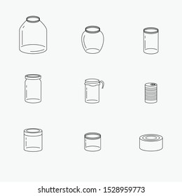 Set of glass jars and cans. Empty transparent cans.