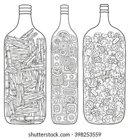 Conjunto de jarras de vidrio con botones de ropa, pinzas de tela, flores y figuras abstractas. Colorante página de libro para adultos y niños.  Elementos étnicos, florales, de doodle, vectoriales, de diseño tribal. Blanco y negro.