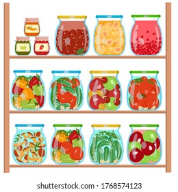 Set of glass jars with compotes, pickles, jam on the shelf. Preparations for the winter in glass jars. Concept of harvesting vegetables and fruits for the winter. Isolated vector image on a white back