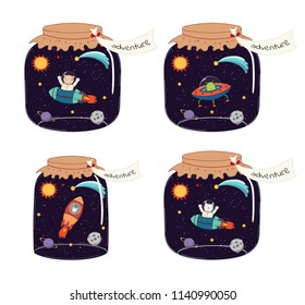 Set of glass jars with cute funny animal astronaut characters in space, inside. Isolated objects on white background. Hand drawn vector illustration. Line drawing. Design concept for children print.