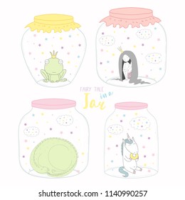 Set of glass jars with cute funny fairy tale characters inside. Isolated objects on white background. Hand drawn vector illustration. Line drawing. Design concept for children print.