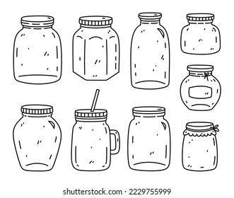 A set of glass jars of different shapes isolated on white background. Utensils for canning, jam, drinks. Vector hand-drawn illustration in doodle style. Perfect for decorations, logo, various designs.