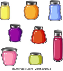 A set of glass jars of different shapes.Vector set of glass jars of different shapes and colorful fillings.