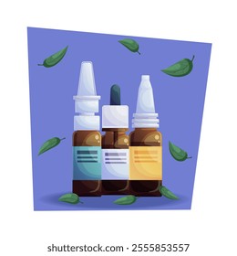 A set of glass jars with drops and nasal spray and falling leaves on a blue background. Vector cartoon illustration of medicine and medical preparations