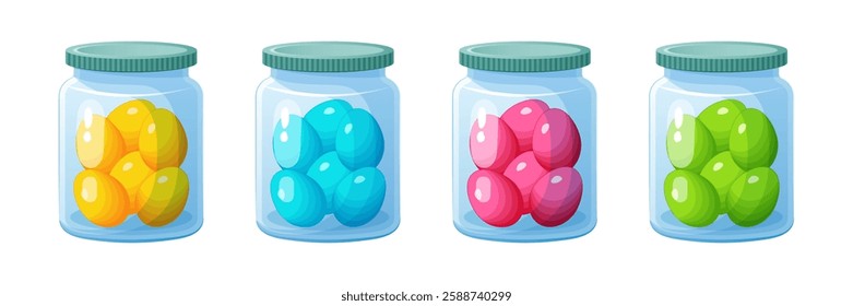 Set of glass jars with dyed Easter eggs.	