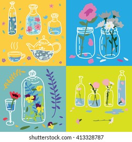 Set of glass jars and flowers vector. 