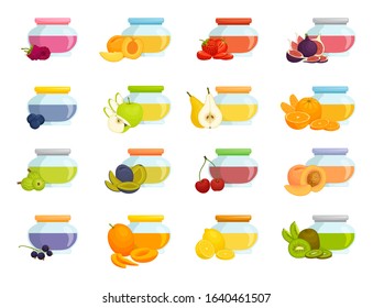 Set of glass jars with jam isolated on a white. Home preservation from various berries and fruits. A collection of pots with confiture from different ingredients. Vector illustration in cartoon style.